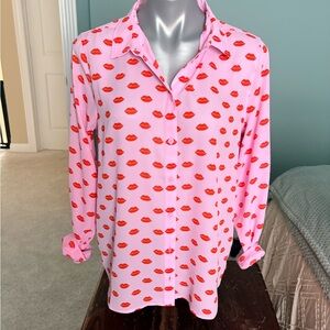Pink Button Down Shirt with Red Lips Print